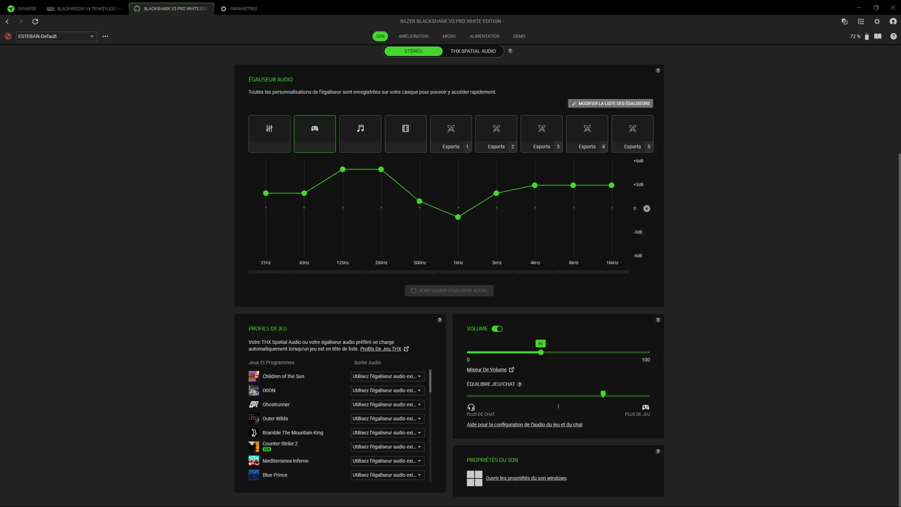 Synapse permet de personnaliser le Razer BlackShark V3 Pro selon notre usage Image de l'onglet des profils sur Synaps