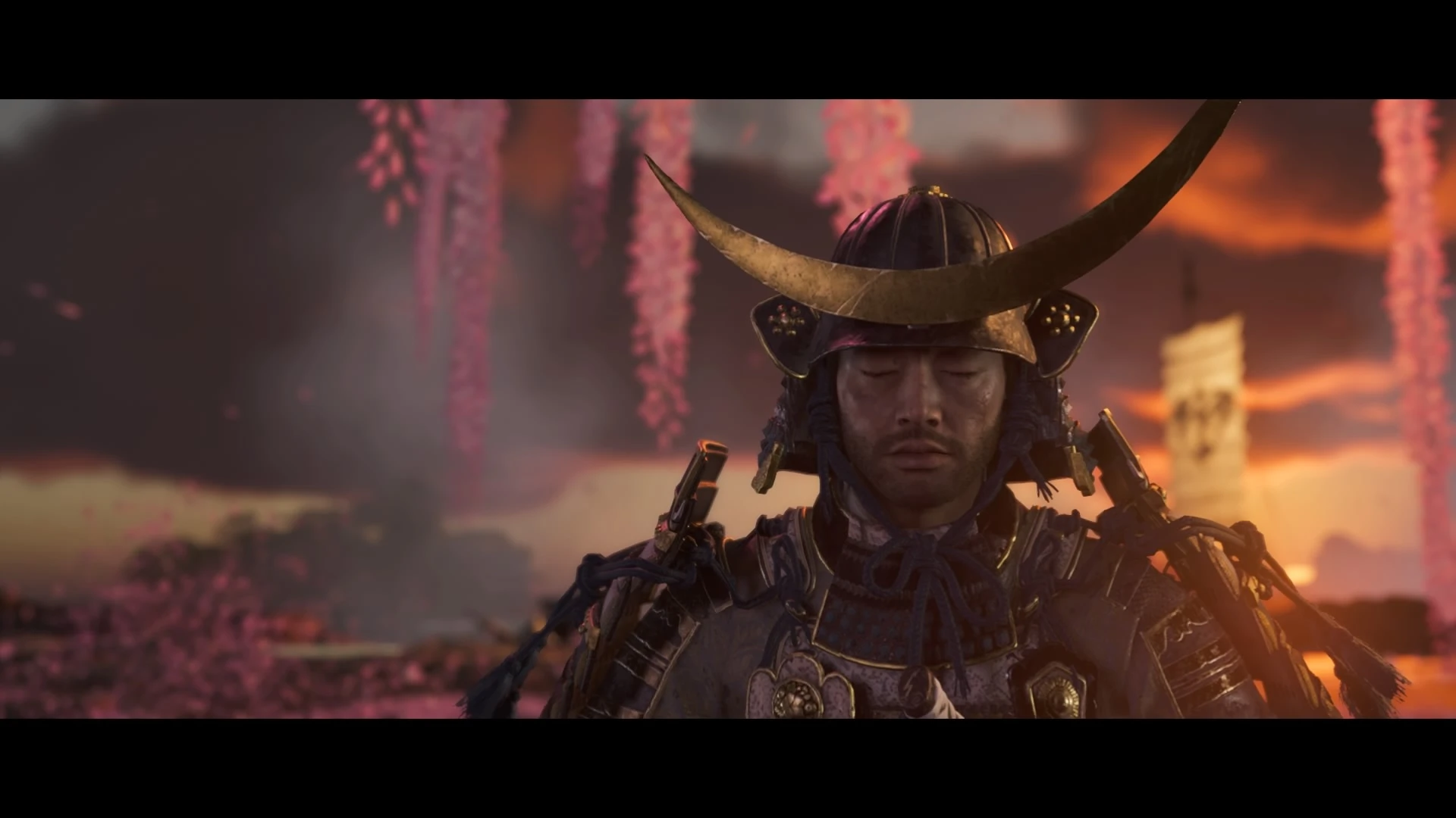 Jin Sakai se reposant devant un cerisier Test de Ghost of Tsushima Director’s Cut