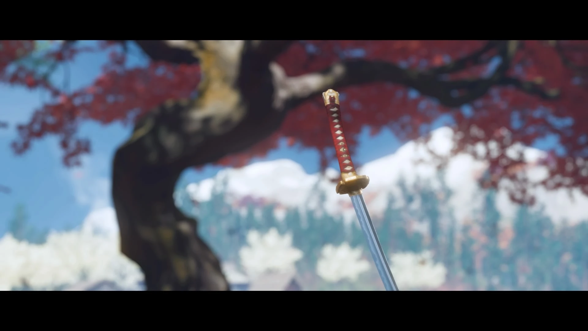 Image d'un katana devant un cerisier Test de Ghost of Tsushima Director’s Cut