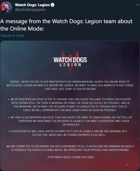 Watch Dogs Legion, report du multijoueur sur PC et de l'opération tactique Watch Dogs Legion, le multijoueur retardé sur PC