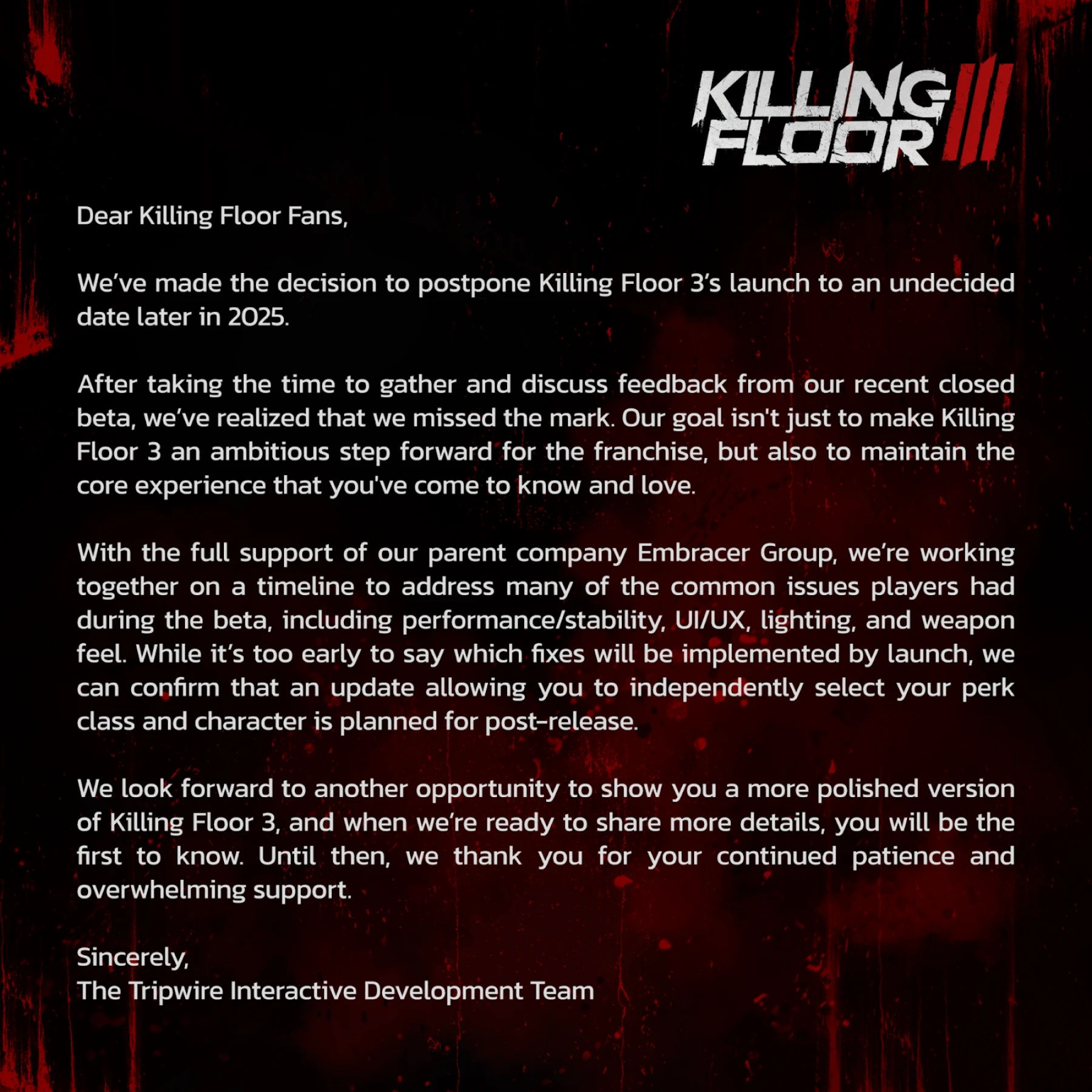 Image du communiqué concernant le retard de Killing Floor 3