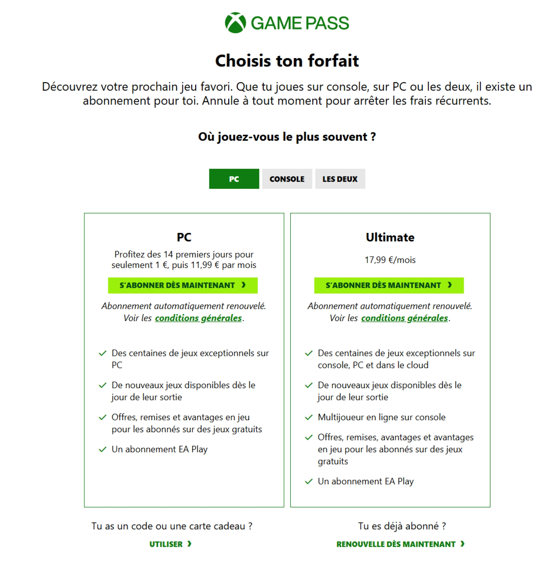 forfait Xbox Game Pass forfait Xbox Game Pass