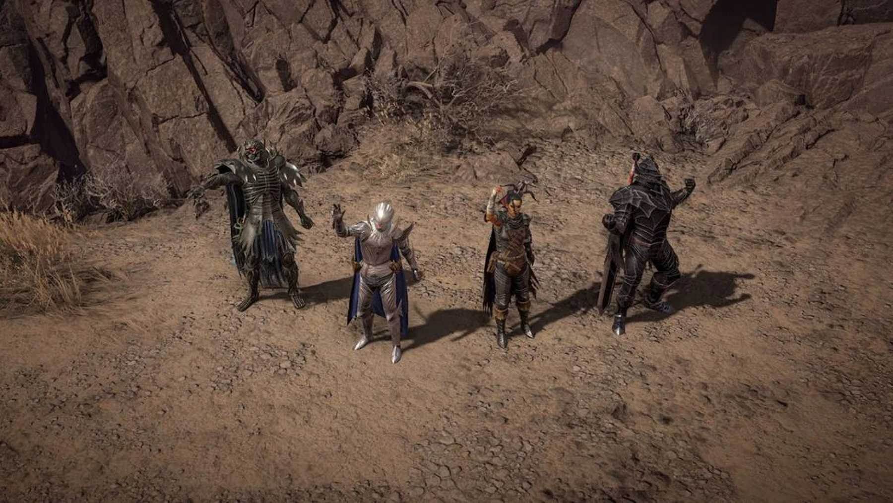 Quatre personnages de Diablo 4 équipés d’armures inspirées de Berserk, présentés dans un décor désertique rocheux lors de l’événement 2025.