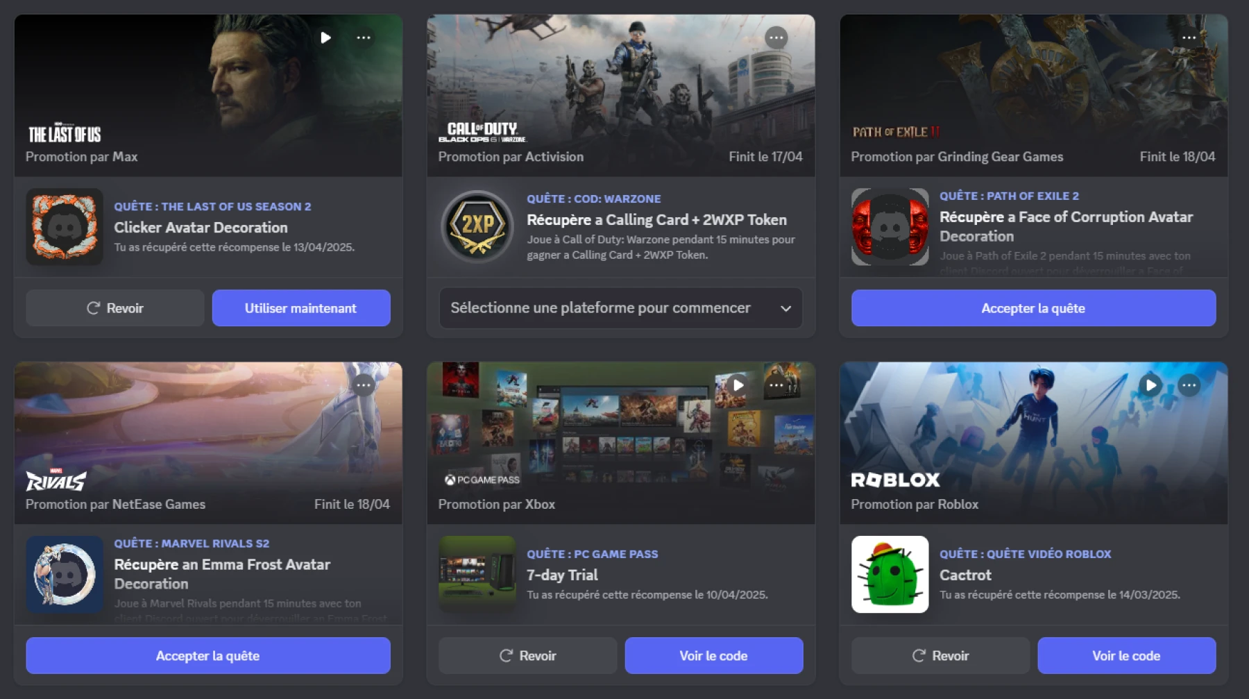 Quêtes et cadeaux Discord