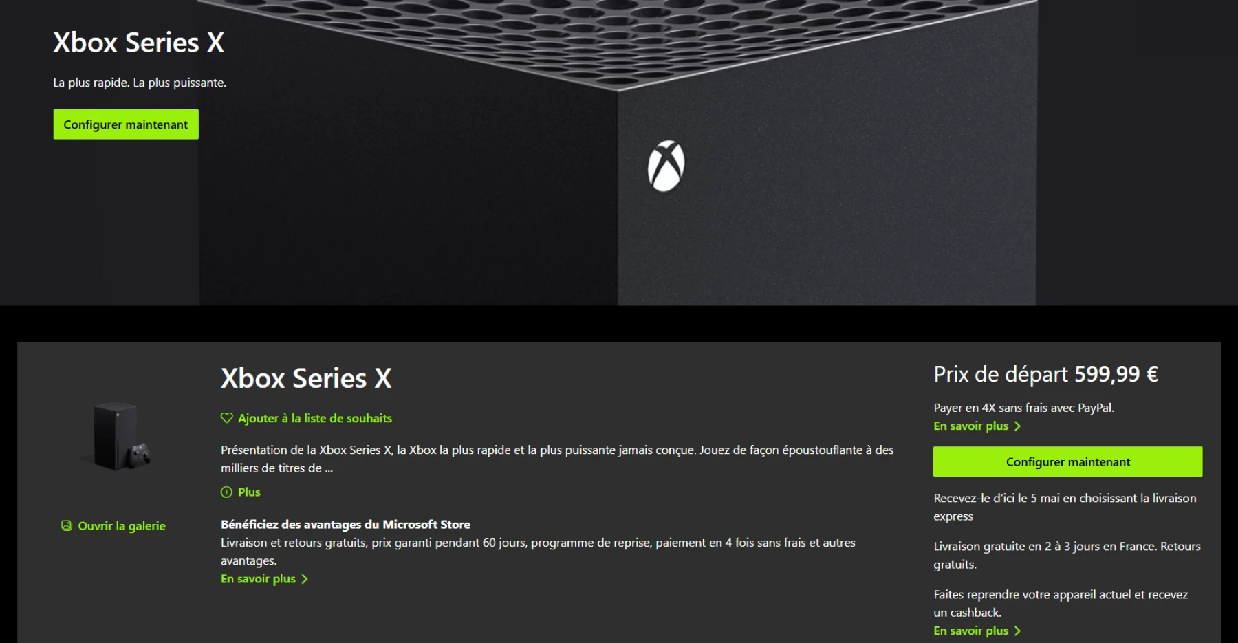 Image prix Xbos Series X sur site officiel Microsoft