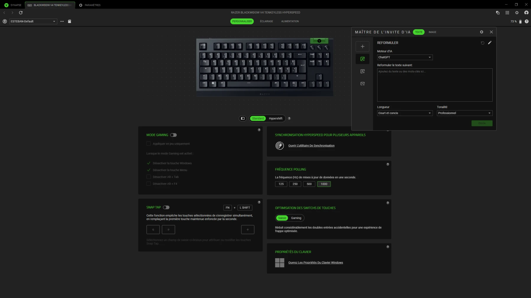 Razer Synapse Blackwidow V4 invite IA Capture de Razer Synapse sur la page du Blackwidow V4 TKL avec l'invite IA