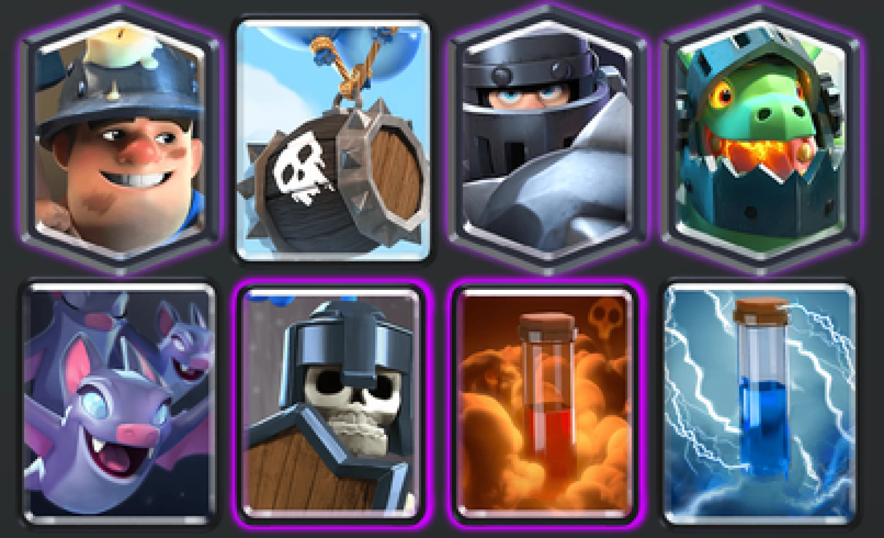 Le deck des anciens Composition : Mineur, Fût à squelettes, Méga chevalier, Dragon de l’enfer, Chauves-souris, Gardes, Poison et Electrocution
