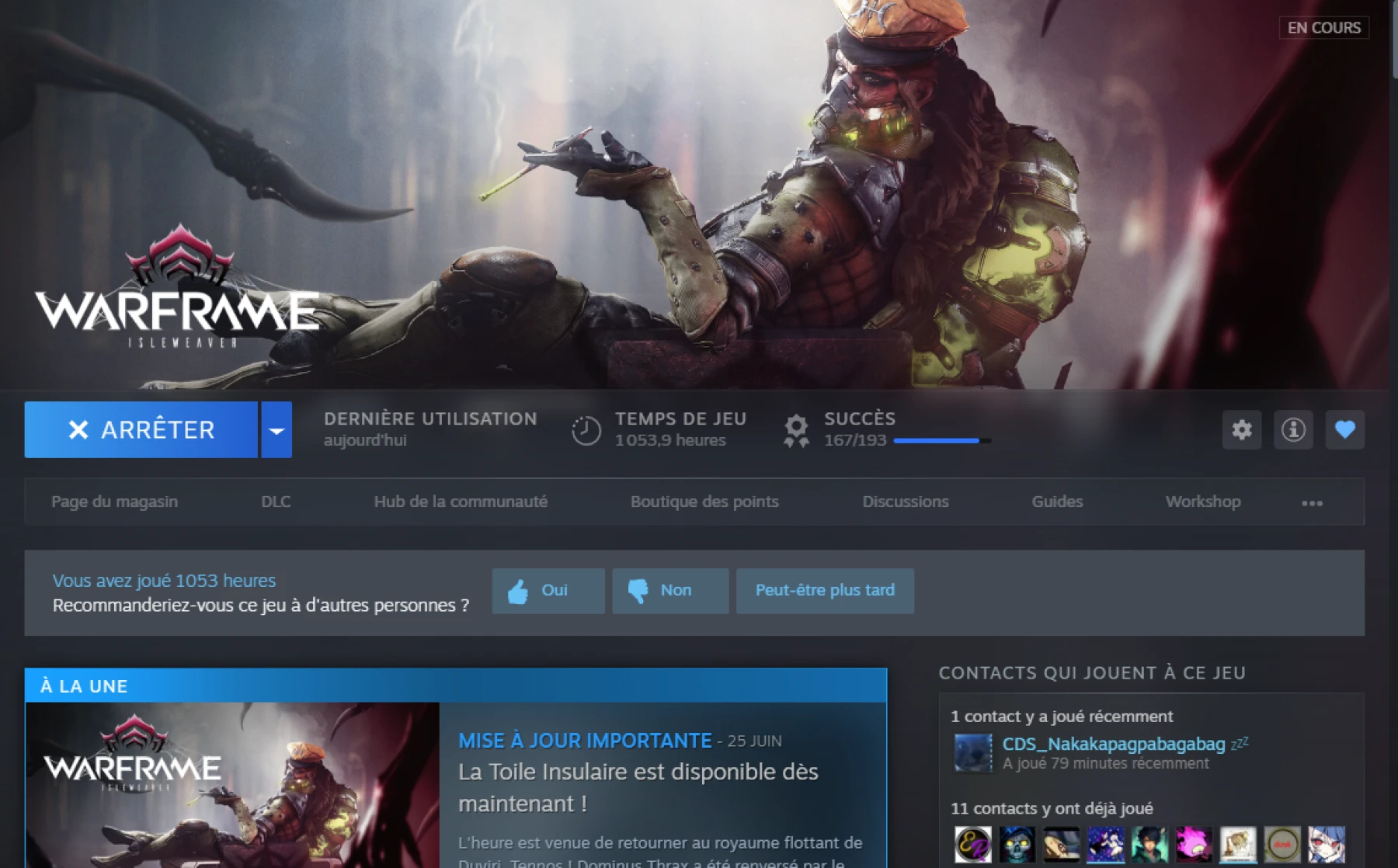 Capture Steam de la page Warframe