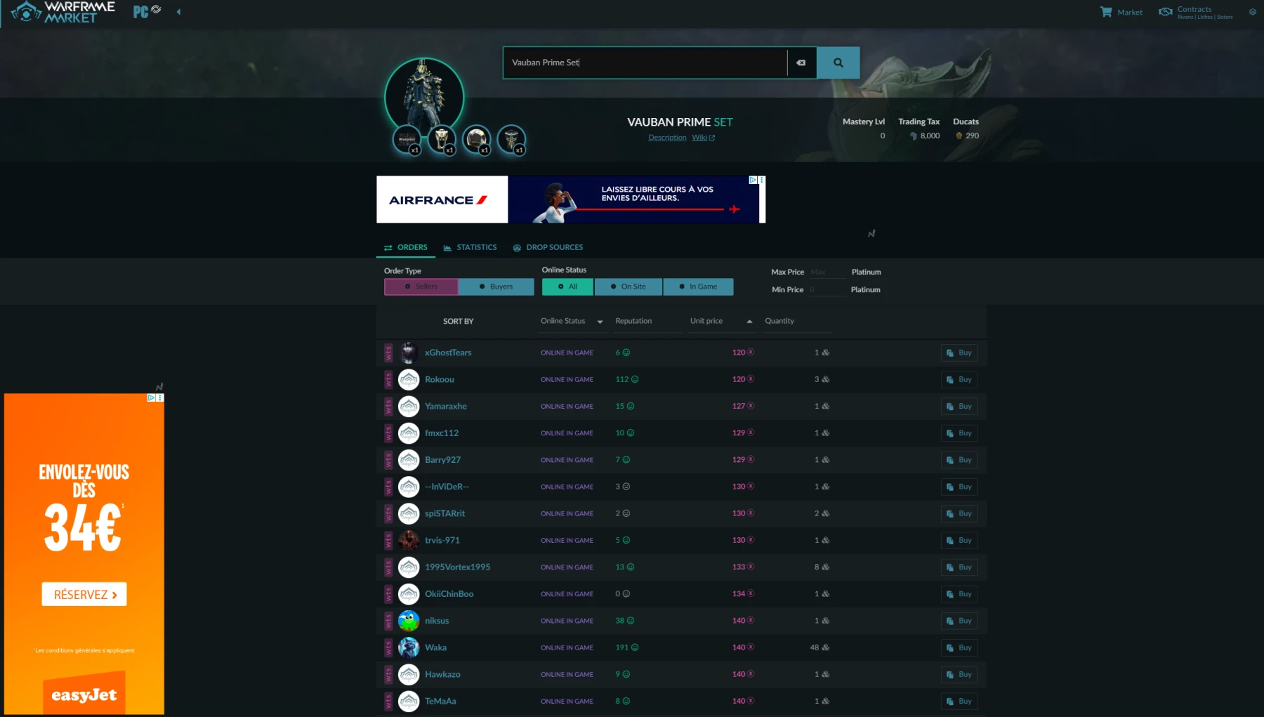Capture de la page Set de Vauban sur Warframe Market