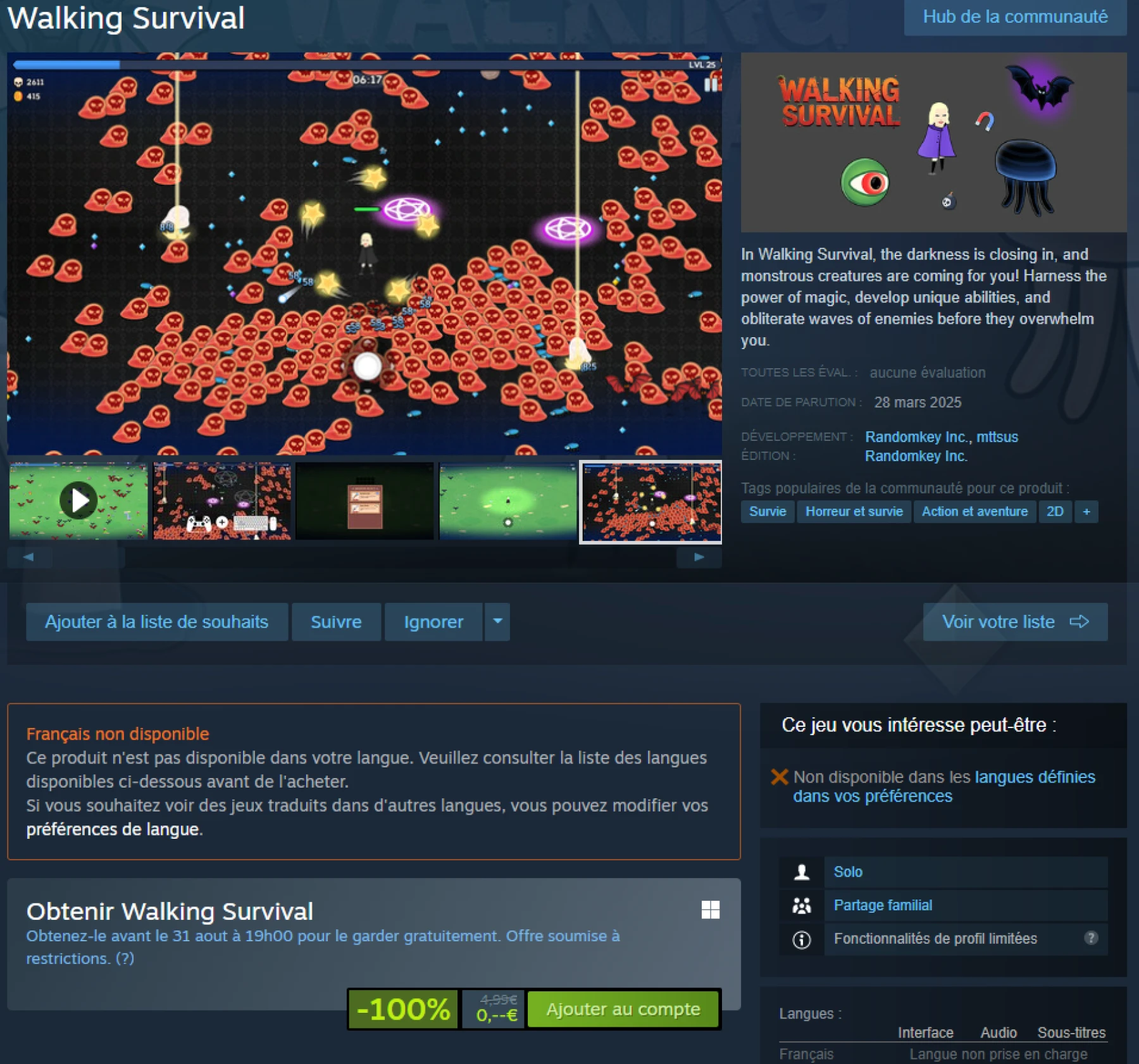 Jeu gratuit Steam : Walking Survival