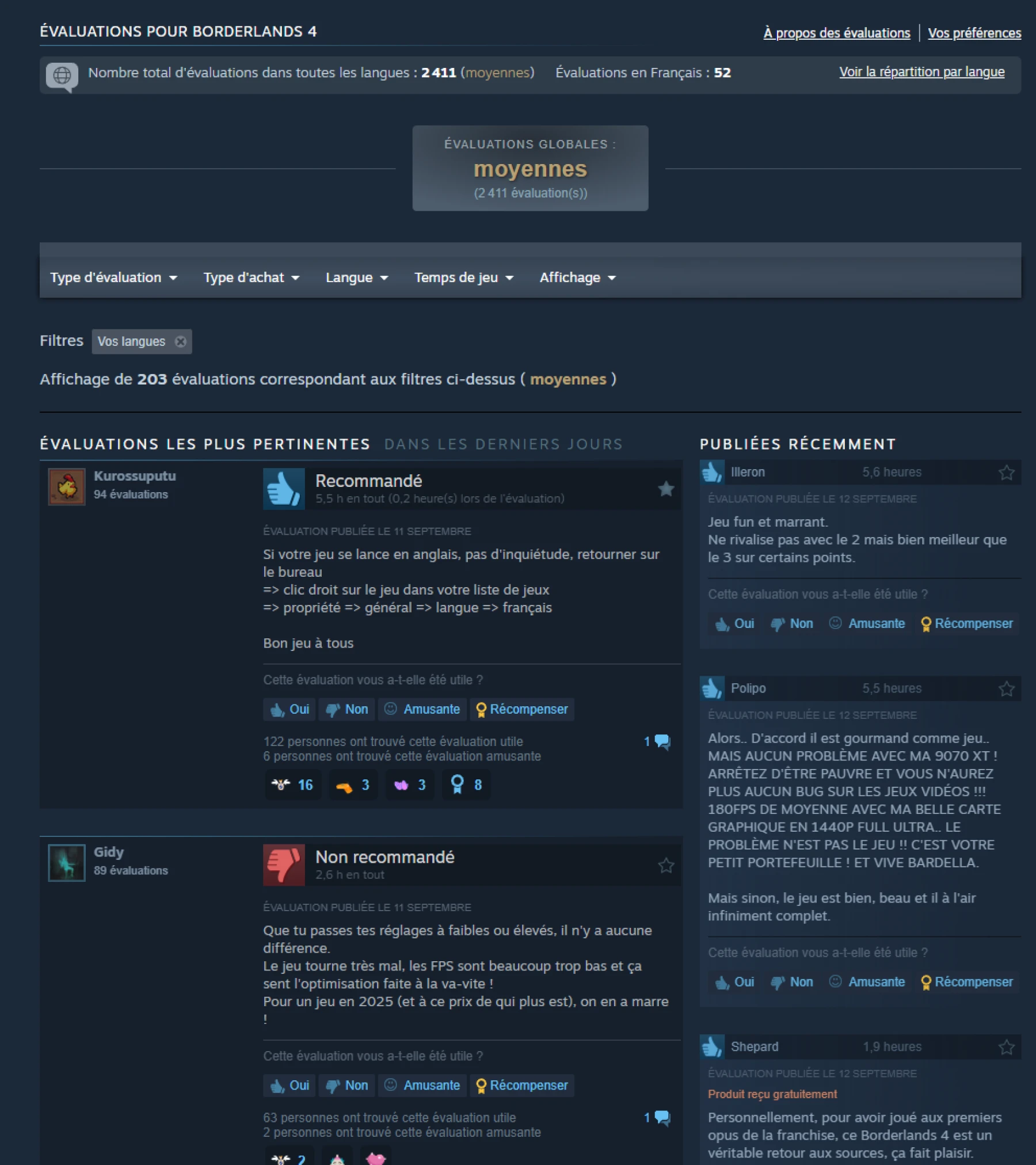 Évaluations pour Borderlands 4