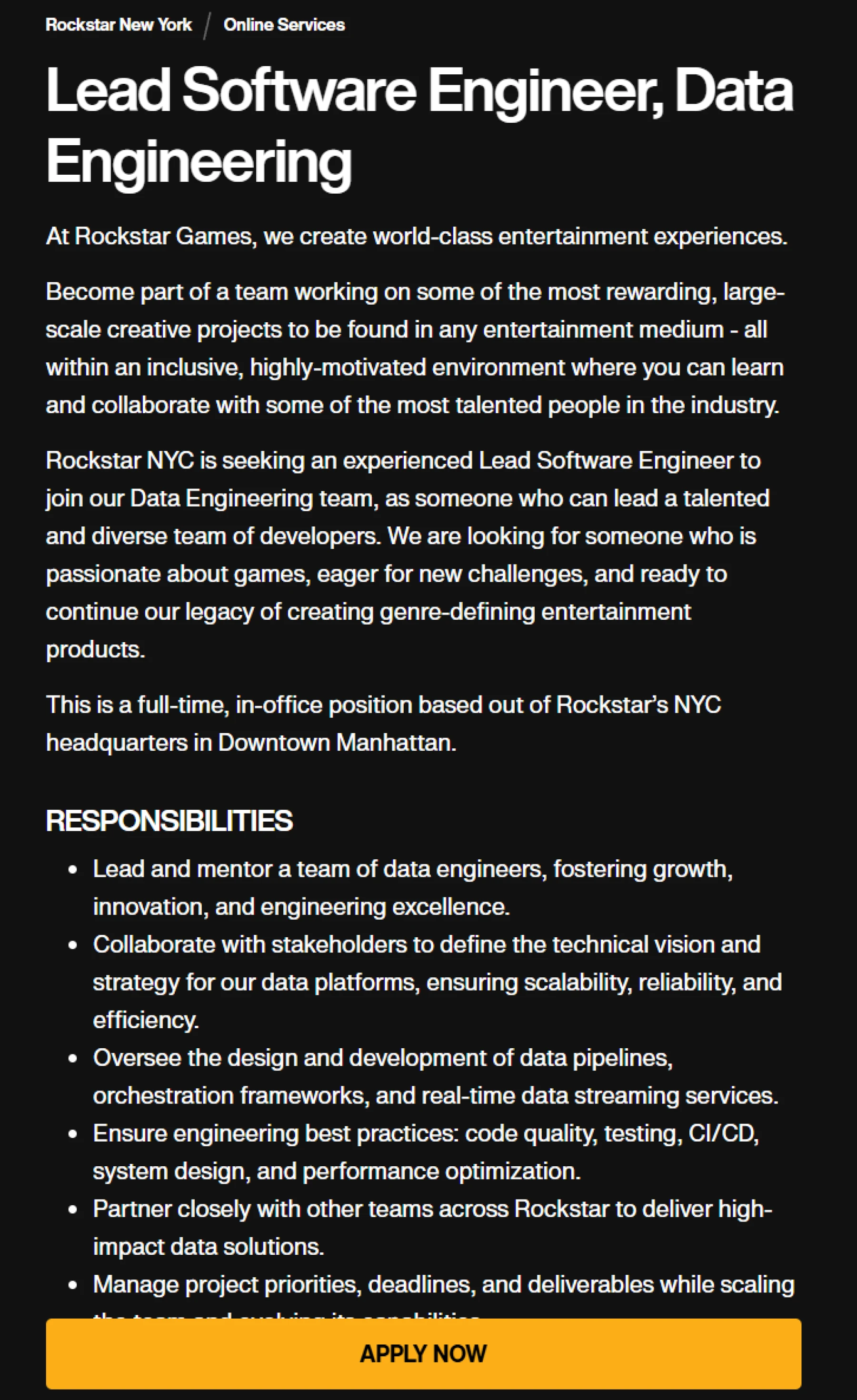 Lead Software Engineer Rockstar Lead Software Engineer Rockstar