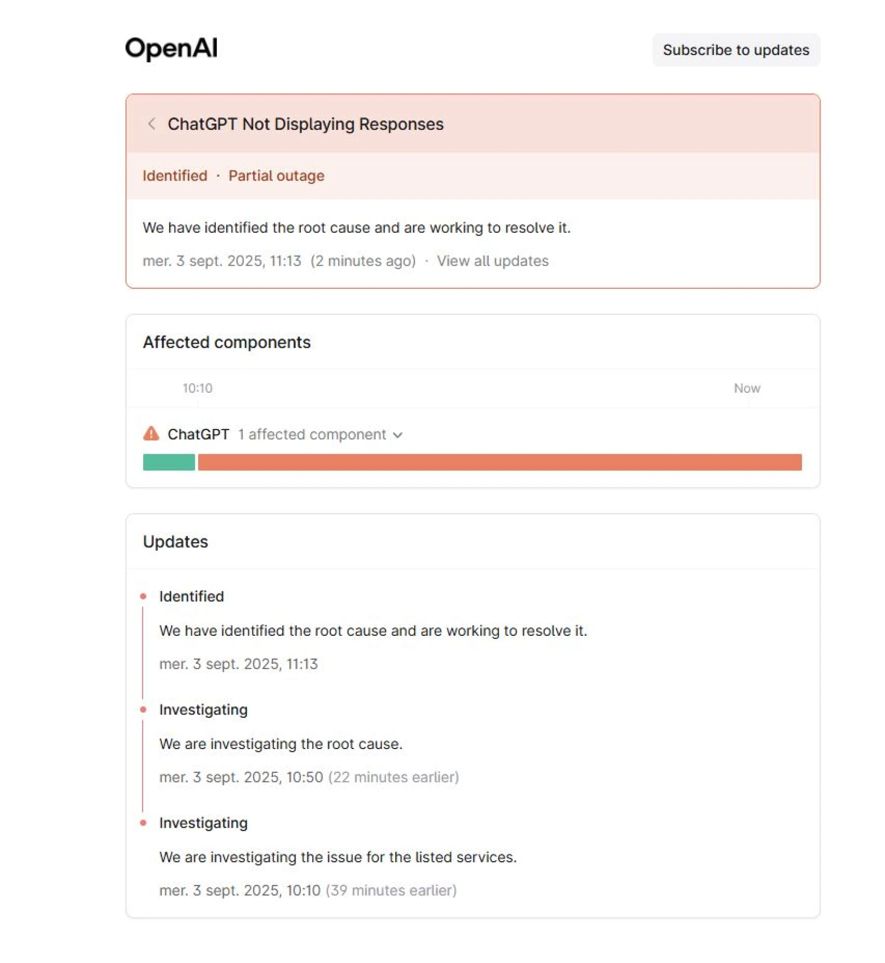 suivi de rétablissement panne OpenAI