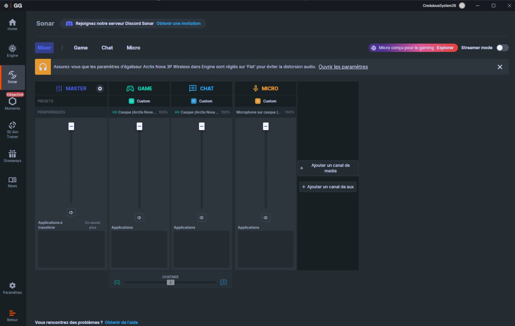 Image du logiciel Sonar du casque SteelSeries Arctis Nova 3P Wireless