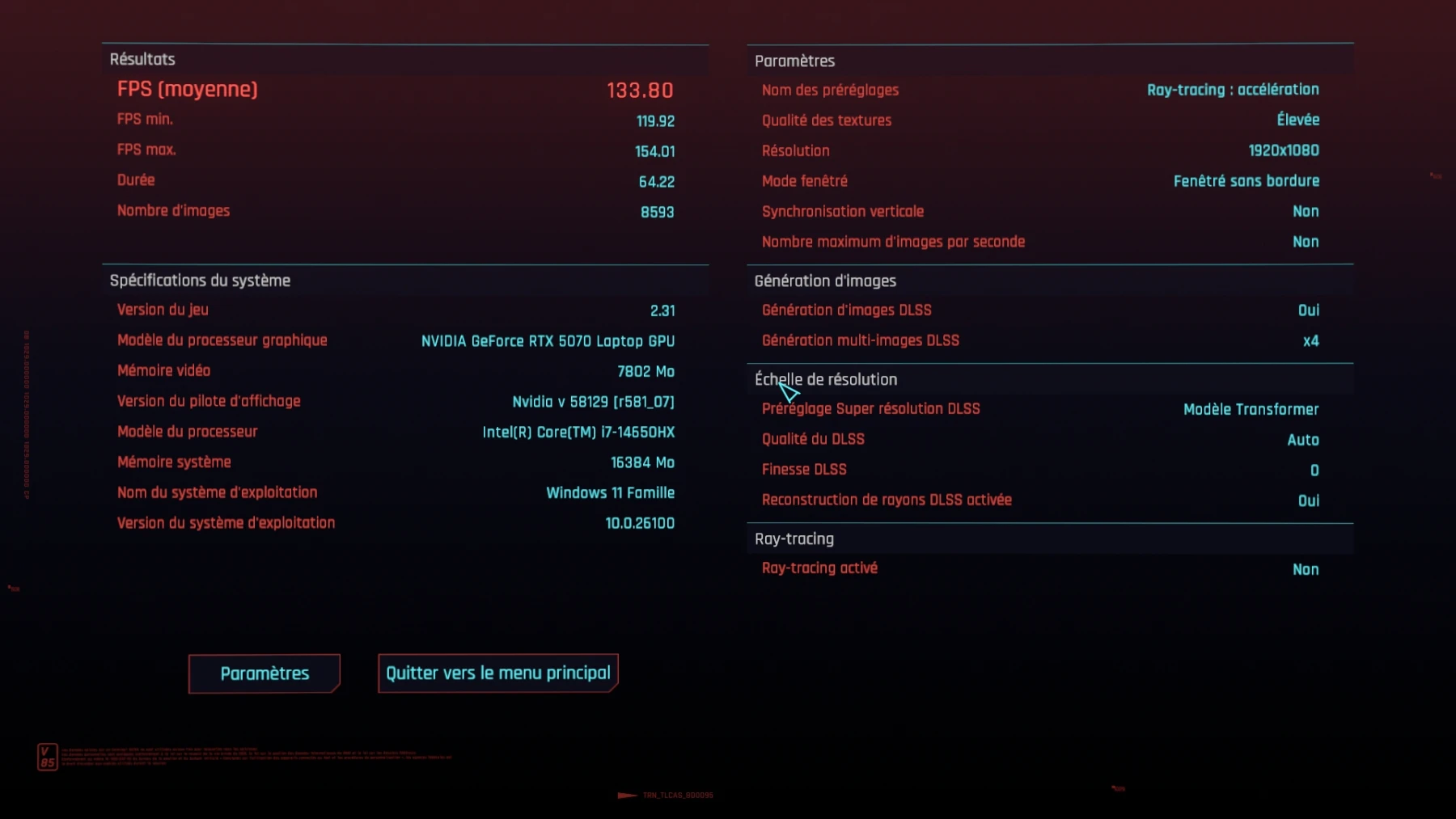 CP2077 en mode accélération Benchmark CP2077 en mode accélération