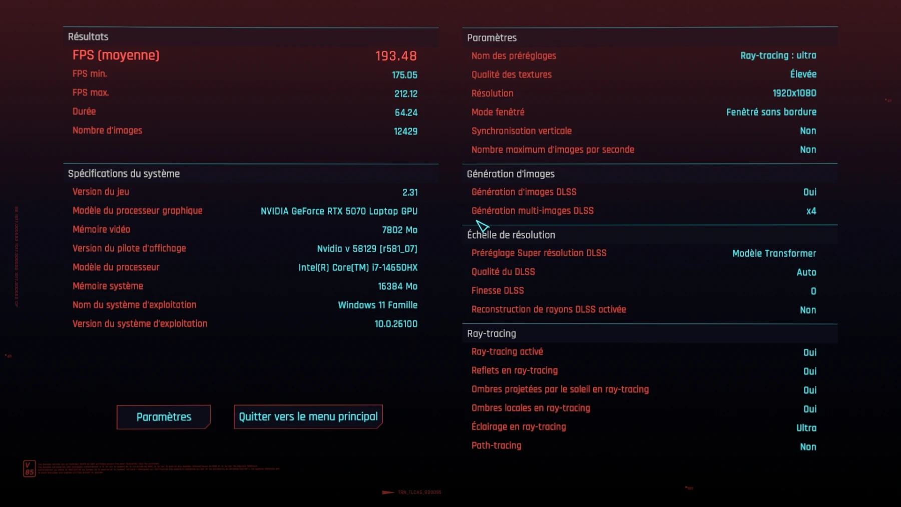 CP2077 en mode ultra Benchmark CP2077 en mode Ultra