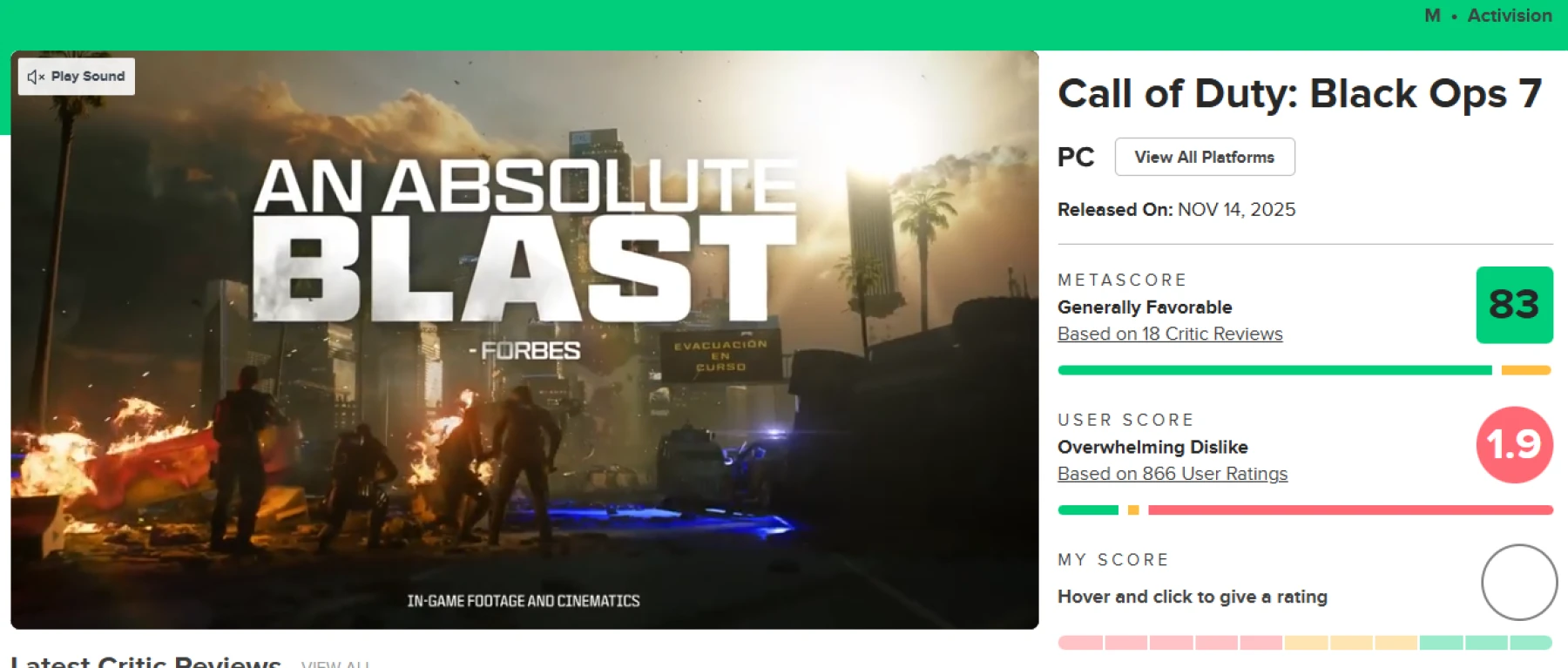 Avis sur Metacritic sur Call of Duty: Black Ops 7 Avis sur Metacritic sur Call of Duty: Black Ops 7