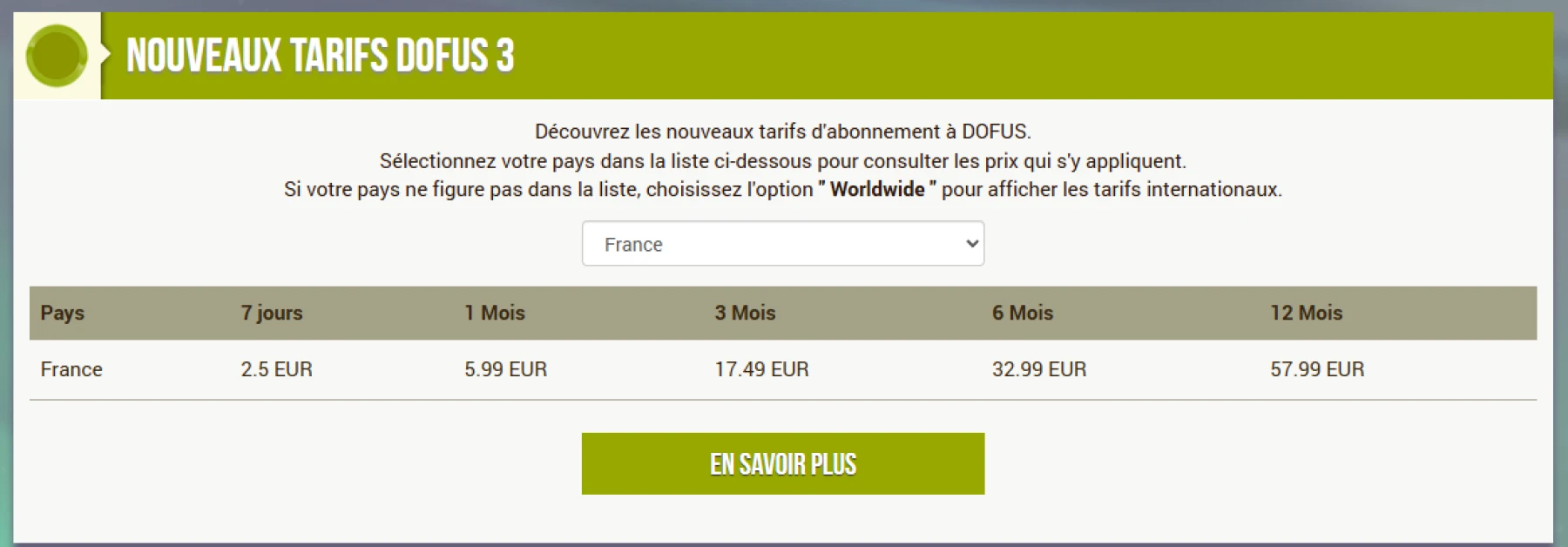 Nouveaux Tarifs Dofus 3 Nouveaux Tarifs Dofus 3