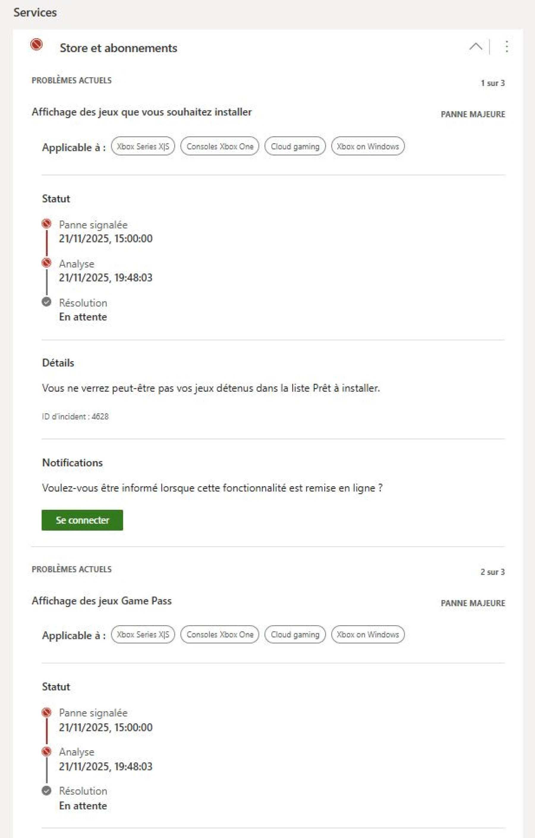 image panne Xbox Store et Game Pass
