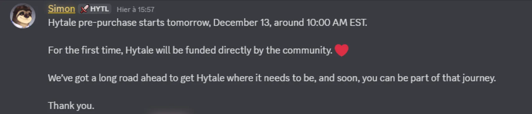 Simon de Hytale, annonce de l'horaire