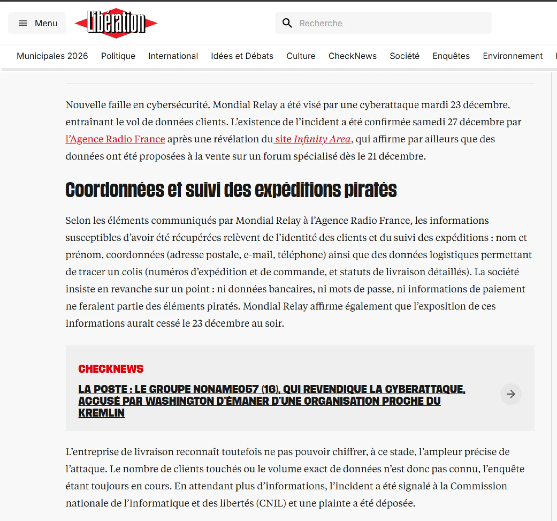 Image de Libération citant INFINITY AREA