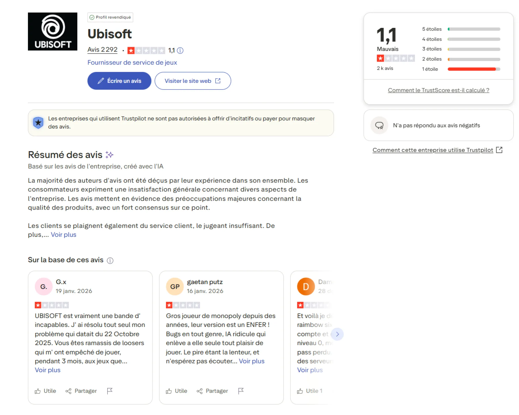 Ubisoft avis des joueurs Truspilot Ubisoft avis des joueurs Truspilot