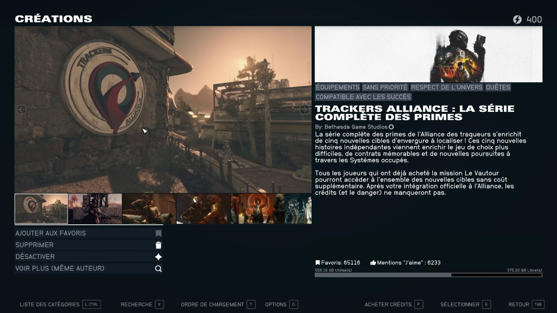 Starfield menu créations Starfield menu créations