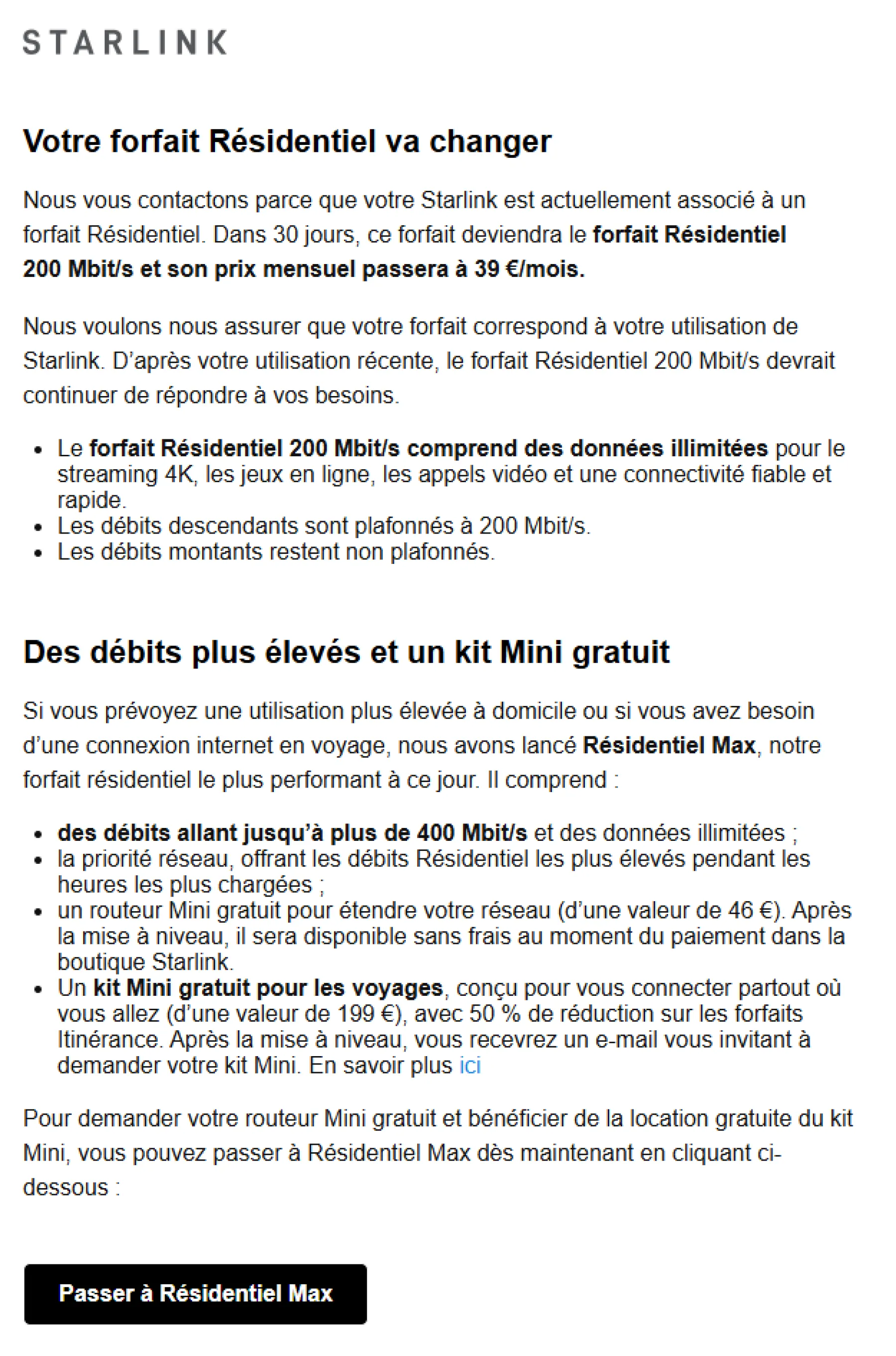 Mise à jour du forfait | Résidentiel 200 Mbit/s