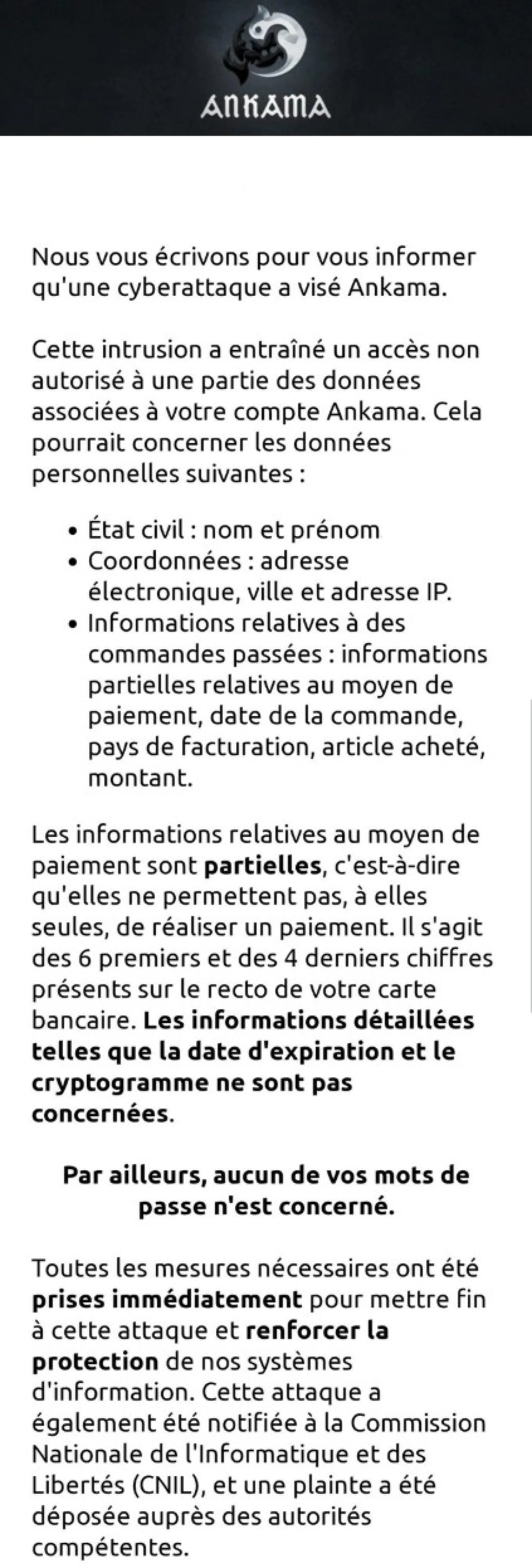 Ankama Piratage Dofus email reçu par les joueurs