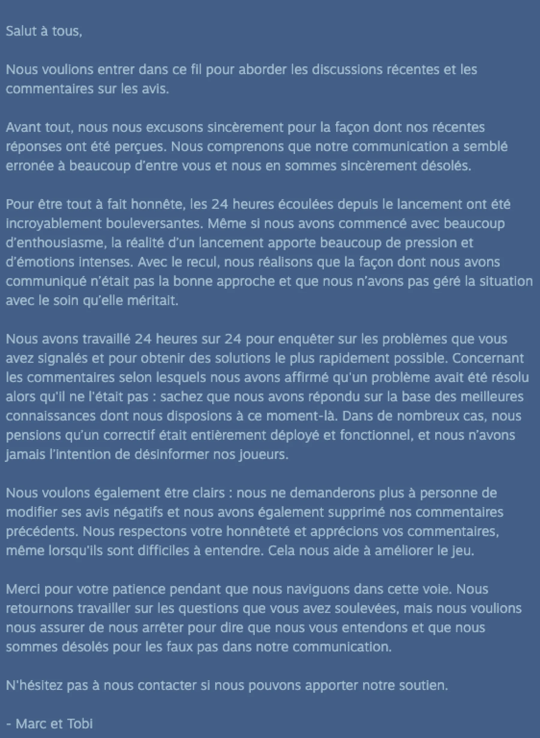 image d'un commentaire du studio Outbound sur Steam