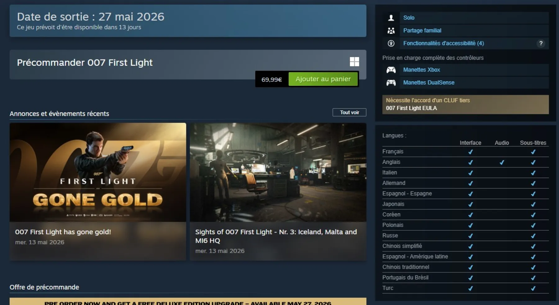 Fiche Steam 007 First Light