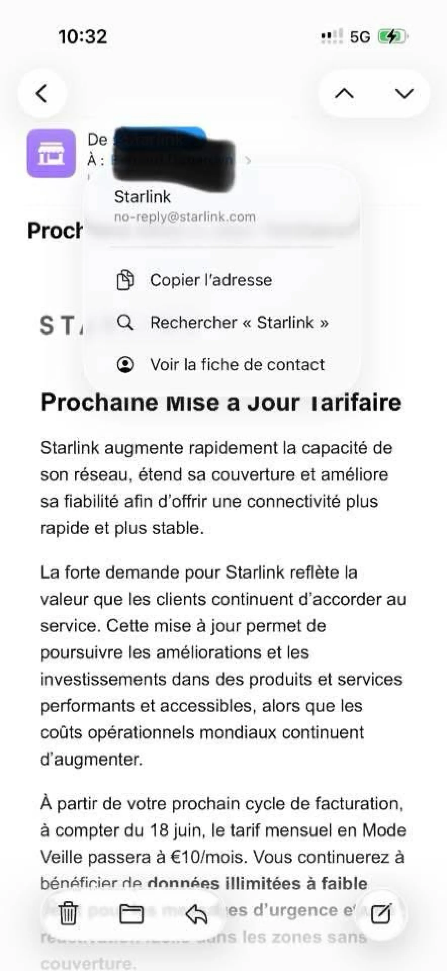 Image du mail de Starlink