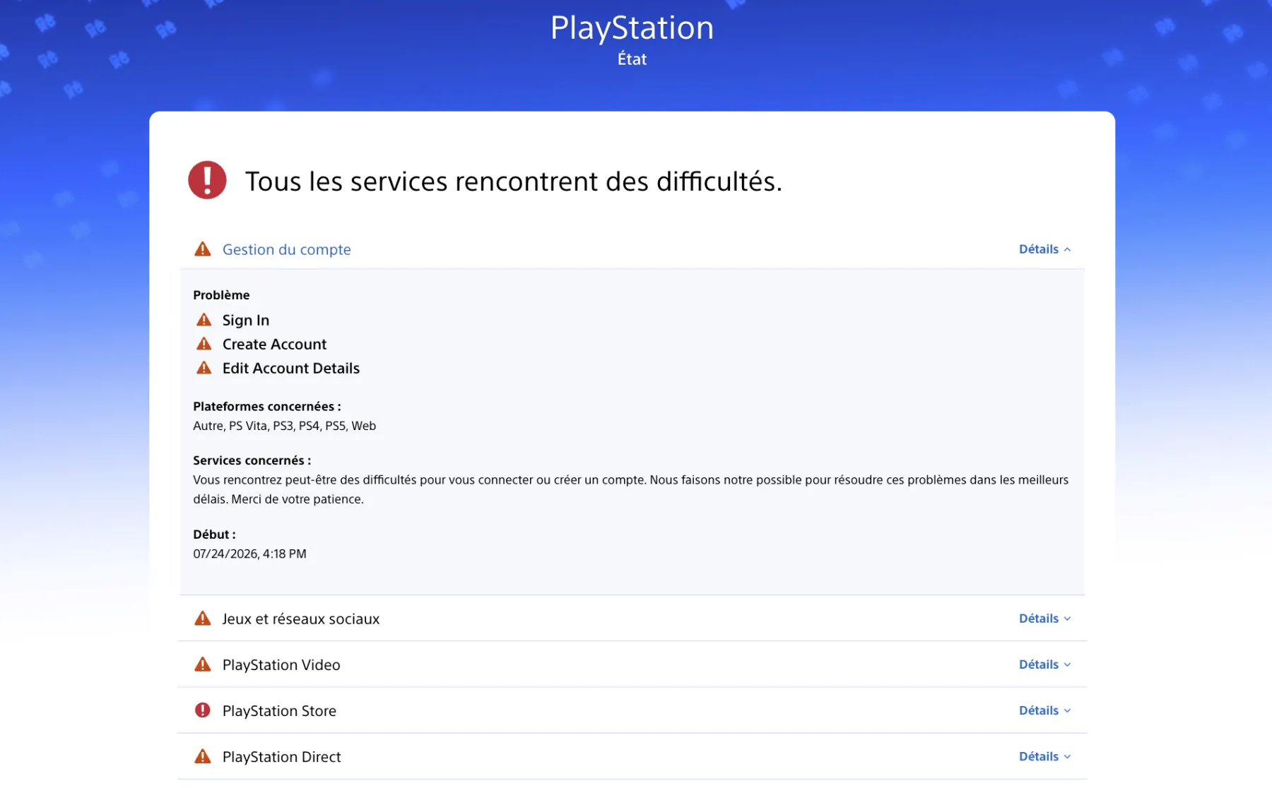 image de l'état de services PlayStation Network