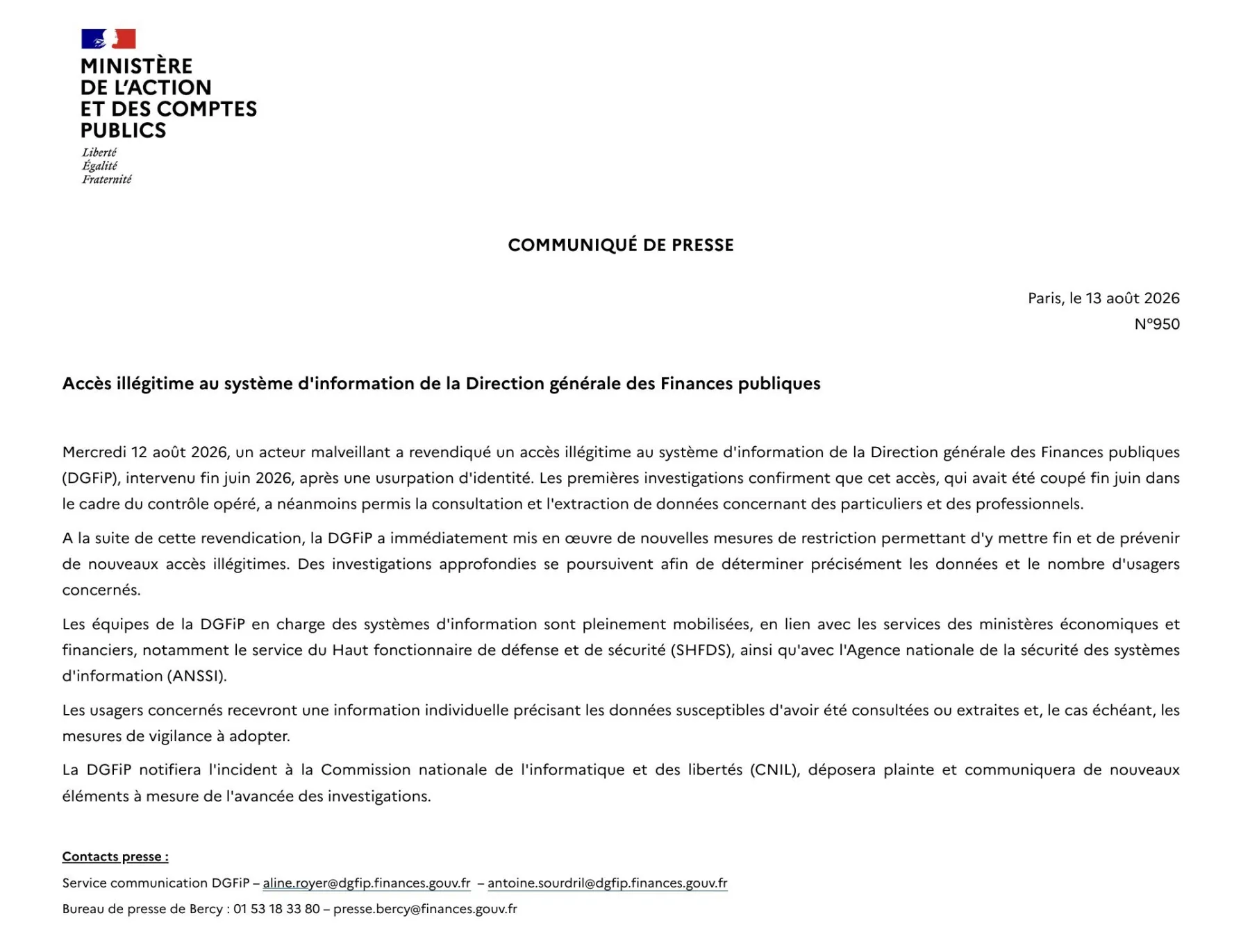 Communiqué de presse de Bercy